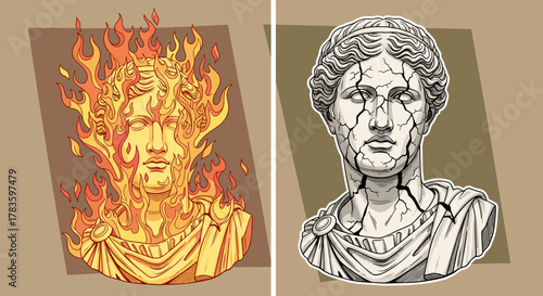 Collage of two ancient Greek bust statues, one engulfed in stylized flames and the other cracked, representing destruction and decay, vector hand-drawn illustration, dramatic contrast, symbolic art