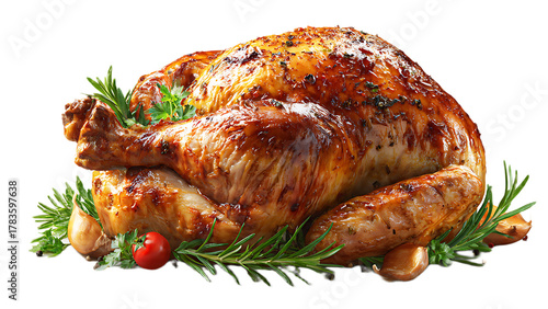 Fototapeta Naklejka Na Ścianę i Meble -  A roasted turkey garnished with rosemary parsley garlic and a tomato on a transparent background