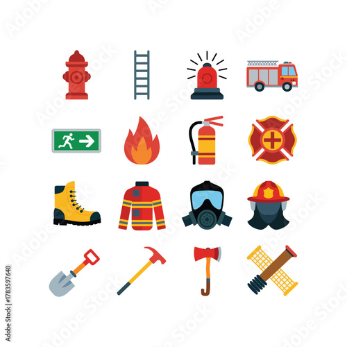 Collection of flat design icons representing firefighting equipment and safety symbols fire hydrant ladder vector illustration.
