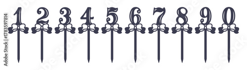 Vector laser cut template of number cake toppers with bows. Numbers 0, 1, 2, 3, 4, 5, 6, 7, 8, 9. For party, birthday, anniversary, jubilee. Suitable for wood, acrylic, plastic cutting. Silhouette cnc