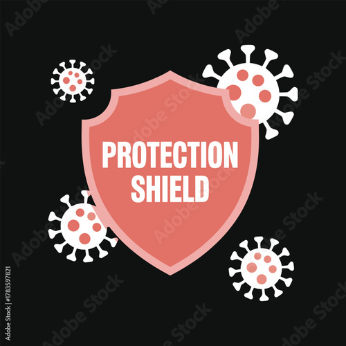 Coral shield with white text protection shield surrounded by white and coral virus icons on black background.