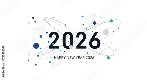 Happy new year 2026 celebration with abstract atomic orbits and scattered colorful dots on a clean white background