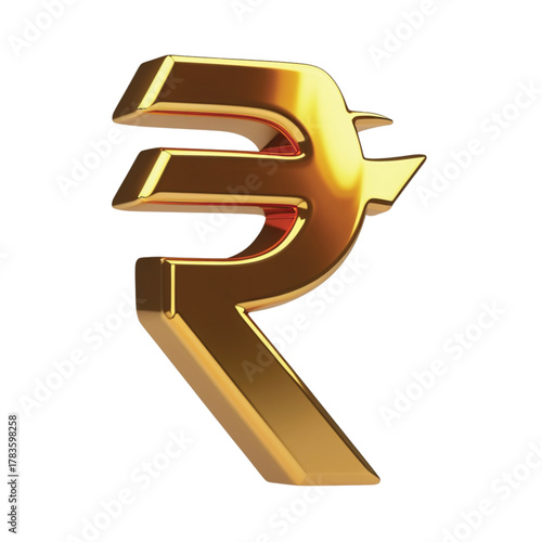 A shiny three-dimensional golden Indian Rupee currency symbol isolated on a clean white background.