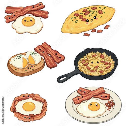 Bacon and Eggs Vector Set  Cartoon Breakfast Food Characters, Cute Fried Egg and Crispy Bacon Design 