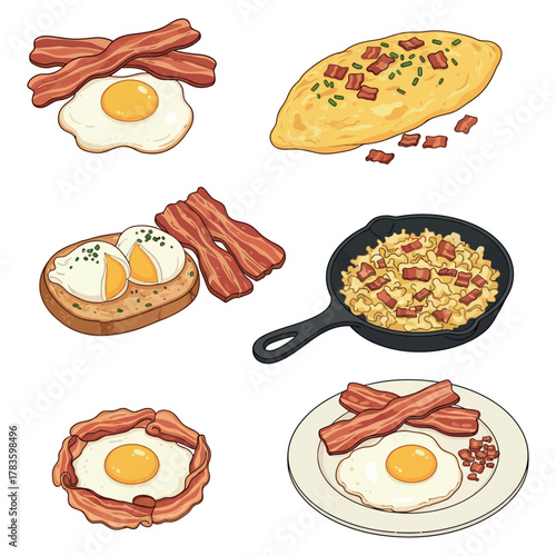 Bacon and Eggs Vector Set  Cartoon Breakfast Food Characters, Cute Fried Egg and Crispy Bacon Design 