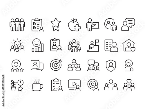 Performance, Teamwork, and Skill Development Line Icons Set. Collection of Thin Outline Symbols for HR, Goal Setting, Training, and Success.