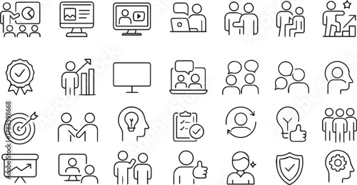 Business, Training, and Skill Development Line Icons Set. Collection of Thin Outline Symbols for Presentation, Goals, Success, and Teamwork.