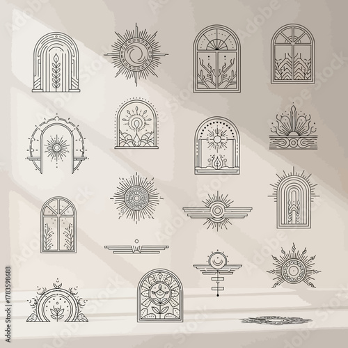 Collection of Mystical and Celestial Archway Designs in Line Art.