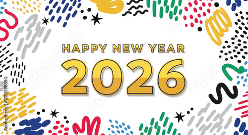 Happy new year 2026 greeting card with a colorful abstract doodle border and festive confetti design