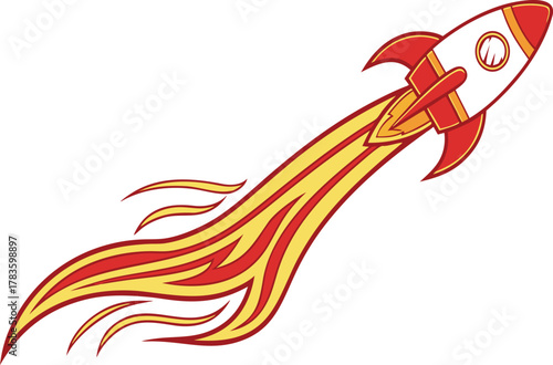 Cartoon rocket ship soaring upwards with bright flames on a white background