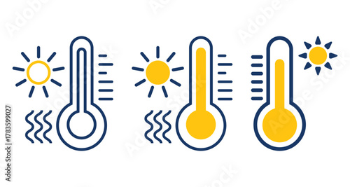 Stylized thermometers with rising yellow fill and heat wave icons symbolizing increasing temperature, global warming, and climate change