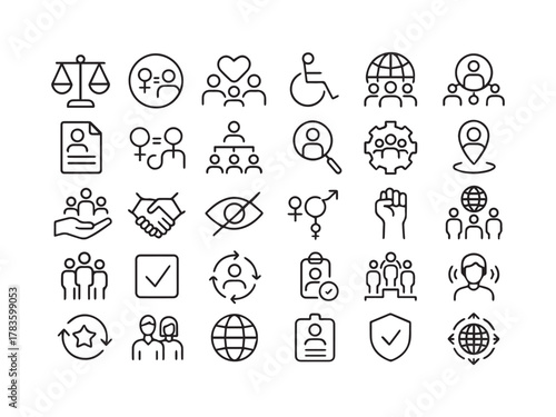 Diversity, Equity, and Inclusion (DEI) Line Icon Set. Social Justice, Human Rights, and Equality Editable Vector Icons.