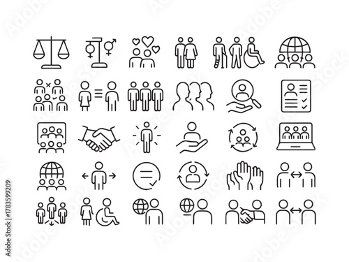 Diversity, Equity, and Inclusion (DEI) Line Icon Set. Social Justice, Human Rights, and Equality Editable Vector Icons.