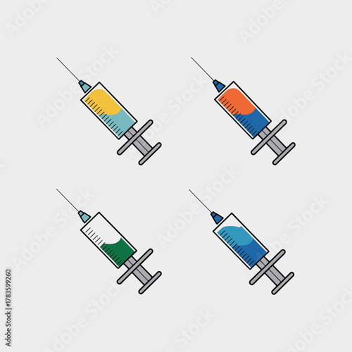 Four stylized syringes filled with colorful liquids yellow blue orange green on a light gray background.