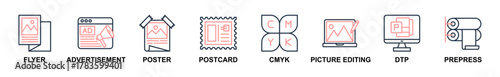 Banner web of Print icons vector illustration. Concept of flyer, advertisement, poster, postcard, cmyk, picture editing, dtp and prepress. Simple line color vector illustration.