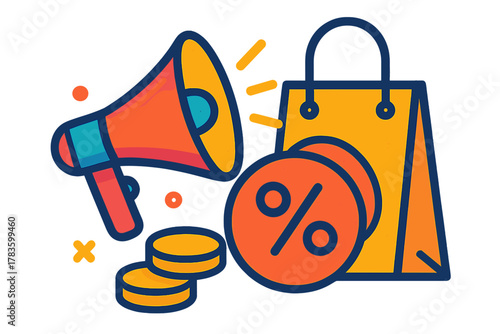 Marketing promotion with megaphone, shopping bag, and discount symbol quickly
