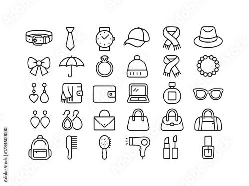 Fashion Accessories Line Icon Set. Editable Stroke Vector Icons for Women and Men Items: Jewelry, Clothing, Bags, and Digital Gadgets.
