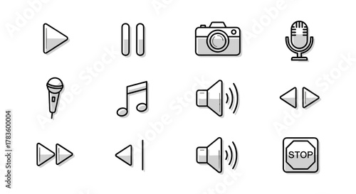 Collection of media control icons including play, pause, camera, microphone, music, and volume symbols