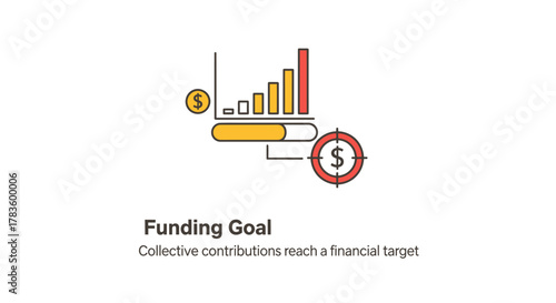 Illustration of a funding goal with a bar graph and target, representing collective contributions reaching a financial target.