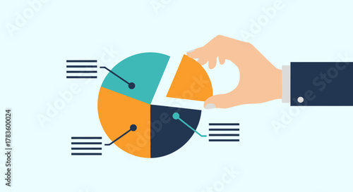 A hand is placing a slice into a pie chart, symbolizing data analysis and business strategy.