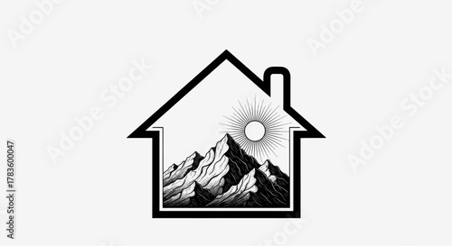 A black and white illustration of a house outline framing a mountain range with a shining sun.