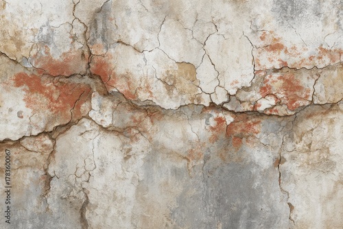 A weathered stone surface displays a network of deep cracks and muted tones, accented by traces of rusty orange hues.