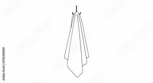 A minimalist black and white line art illustration of a single towel hanging from a wall hook.