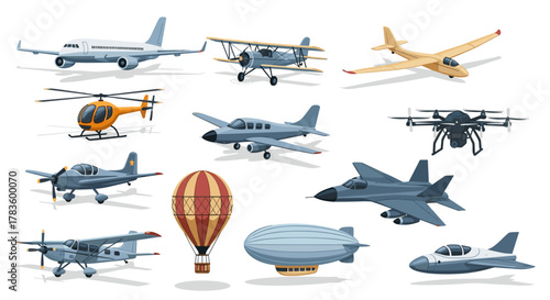 Collection of various types of aircraft including planes helicopters and airships displayed together