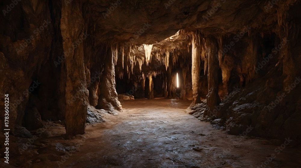 Obraz premium A natural cave interior with numerous stalactites and a pathway leading into the dimly lit depths