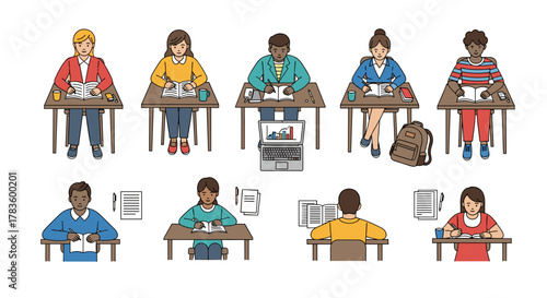 Diverse students studying at desks with books and laptop in a classroom setting illustration for education