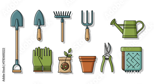 Illustration of various gardening tools including shovels rakes watering can and planting accessories present