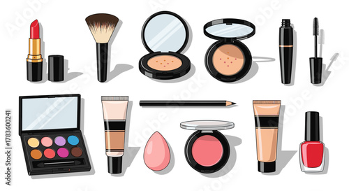 Illustration of various makeup products including lipstick brush and eye shadow palette on a white background