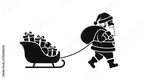 Silhouette of Santa Claus pulling a sleigh full of gifts.