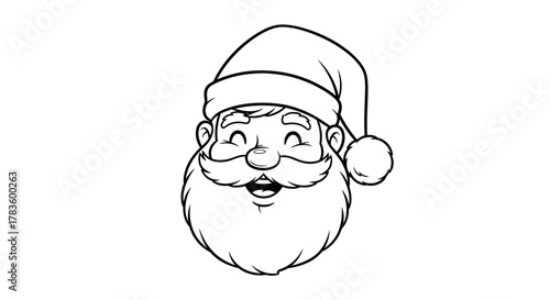 A black and white illustration of Santa Claus's smiling face, featuring his iconic hat, beard, and rosy cheeks.