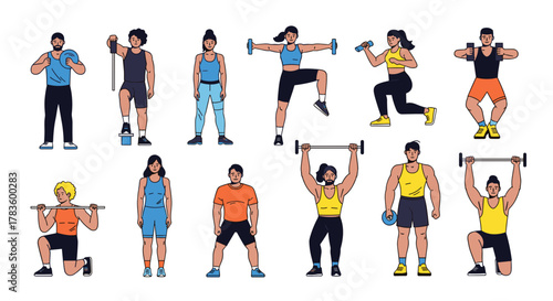 Diverse group of people performing various exercises with weights and bodyweight training routines shown