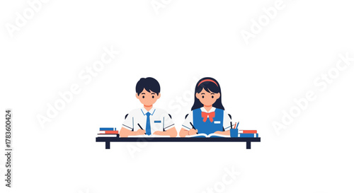 Two students, a boy and a girl, in school uniforms sitting at a desk and studying together.