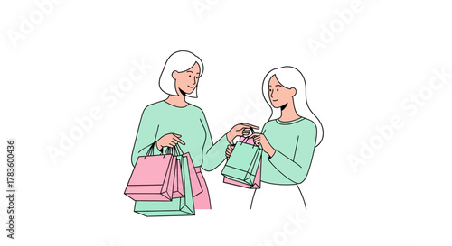 Two women are shopping together, holding colorful shopping bags, and looking at them.