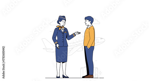 A female flight attendant in uniform providing assistance to a male passenger at an airport, with a plane outline in the background.