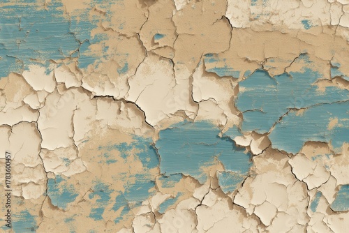 A weathered surface exhibiting deep cracks and muted teal and beige tones.