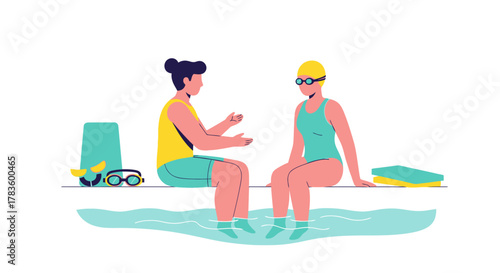 Two people, one in a swimsuit and the other in casual attire, sit at the edge of a swimming pool with their feet in the water, engaged in conversation.