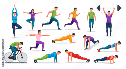 Various people performing different exercises including yoga running cycling and weightlifting poses