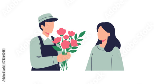 A man wearing an apron and cap gives a beautiful bouquet of pink flowers to a woman.