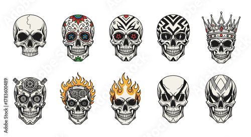 Collection of ten stylized skulls with varying designs and embellishments on a white background format