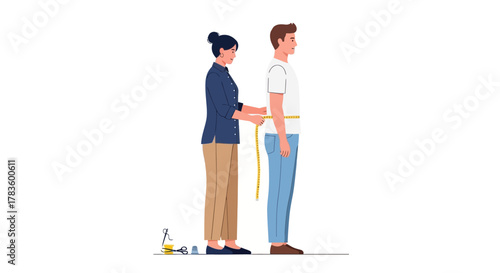 Woman measuring man's waist with tape measure for tailoring or health assessment, standing in a studio.