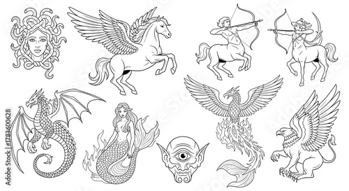Line art illustration featuring mythical creatures such as medusa pegasus and centaurs and more