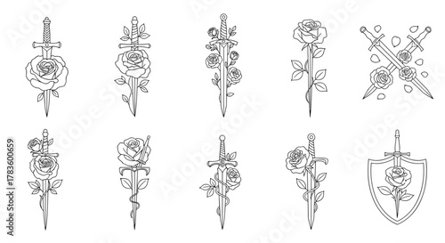 Collection of line art illustrations featuring swords intertwined with roses in various arrangements