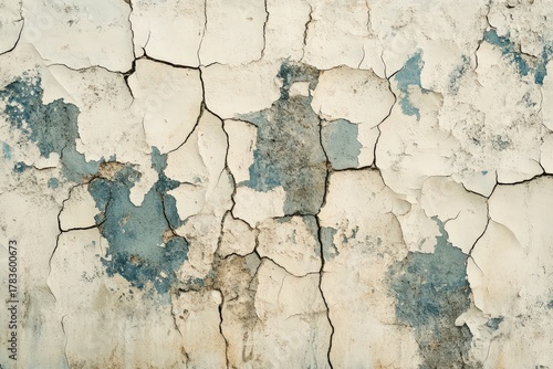 A weathered, light beige and muted gray wall shows extensive cracking and peeling paint, creating a textured surface.