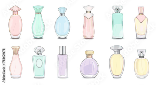 Collection of twelve perfume bottles in various shapes and pastel colors on white background