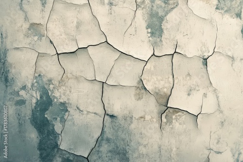 A weathered wall, displaying a network of deep cracks, showcases muted tones of beige and gray.