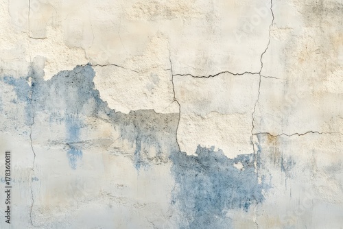 A weathered, light beige concrete wall displays intricate cracks and mottled, muted blue-gray stains.
